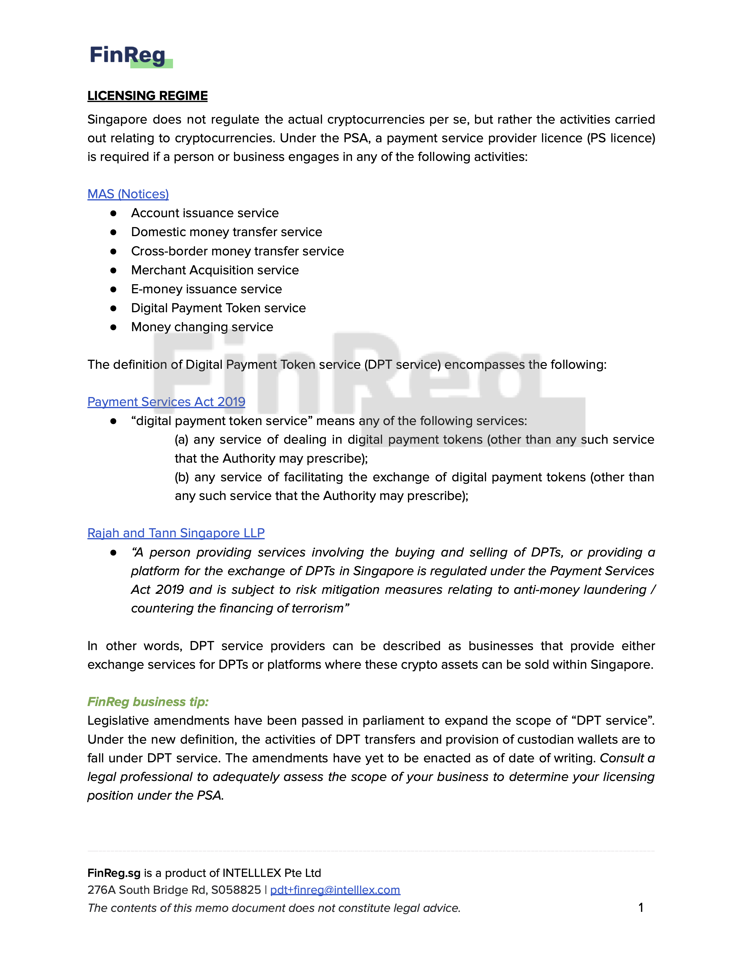 Singapore Payment Services Licence | Memo | FinReg.sg